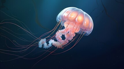  a pink jellyfish floating in the water with a dark background.  generative ai