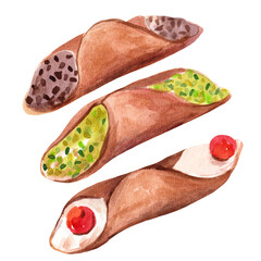 Cannoli italian pastry dessert  with different fillings. Watercolor illustration. . Hand drawn illustration on white background.