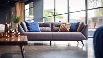 Modern sofa in focus and blurred living room design at background.