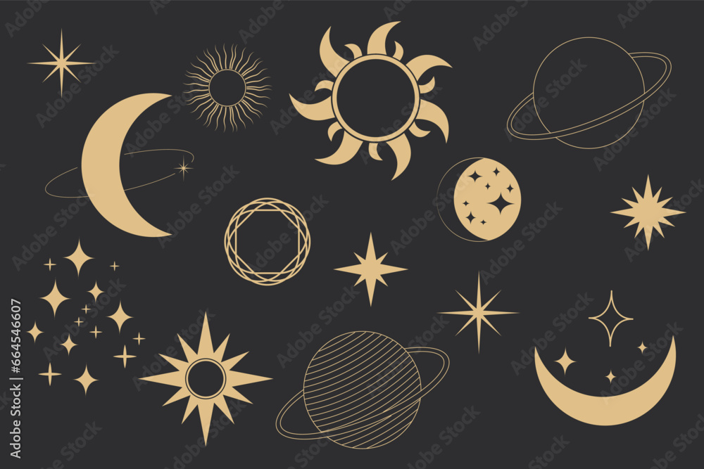 Wall mural set golden celestial frames, borders, arch line art esoteric minimal decoration with sparkles isolat