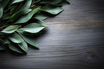 Fototapeta premium Fresh bay leaves on a grey wooden background