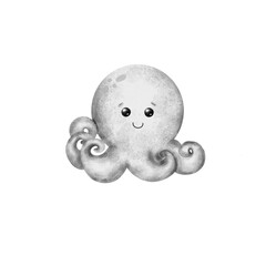 Cute octopus. Light and shadow. Black and white, vector illustration of an octopus. Sea creature. Children's illustration in cartoon style. Underwater life. White background.