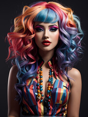 Beautiful woman with bright hair. Bright hair color, hairstyle with the curls.