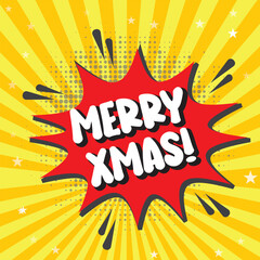 
Comic speech bubble with expression text Merry Christmas! gifts, bows, hearts, toys, stars. Vector bright dynamic cartoon holiday illustration in retro pop art style on halftone background.