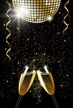 Illustration of champagne glasses toasting under the disco ball