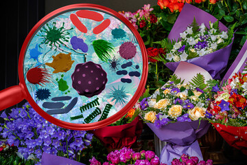 Crop view street sale of flowers. Magnifying lens with simulated allergen, germs, allergies pollen and seeds cause acute allergic reactions, and intolerance in humans