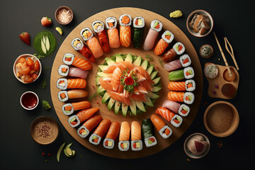 Lavish sushi table with great assortment of raw seafood for a healthy nutrition lifestyle, top view