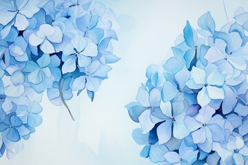 Artistic pastel blue hydrangea flowers on ink background. Top view with space. Generative AI
