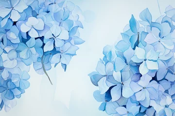 Fototapeten Artistic pastel blue hydrangea flowers on ink background. Top view with space. Generative AI © Ronald