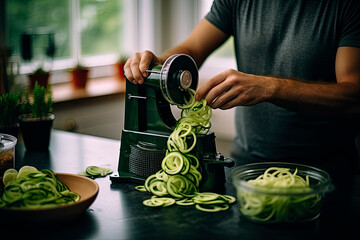 Making zucchini noodles using spiralizer in the kitchen