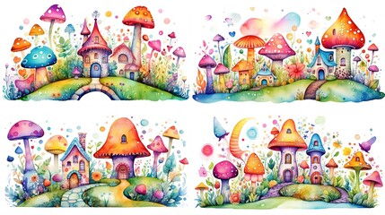 watercolor style cartoon illustration of fable fairytale mushroom house village with blossom flower isolated on white background, collection set, Generative Ai