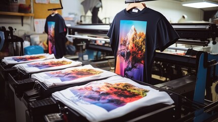 T-Shirt Printing Machine. Innovation shirt and textile printer. Production - obrazy, fototapety, plakaty