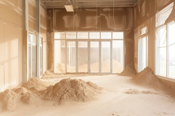 Empty construction site covered in sand with vacant building. Generative AI