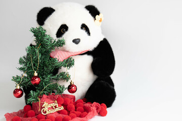 Panda Plush Doll wears Santa Clau Red Hat