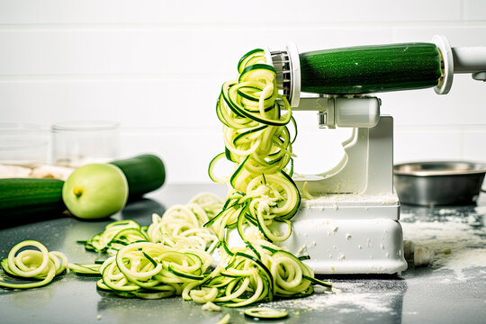 Making zucchini noodles using spiralizer in the kitchen