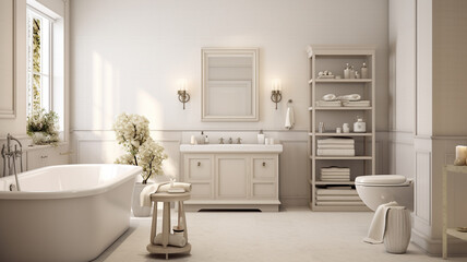 interior design of modern bathroom with white bathtub, double sink and mirror