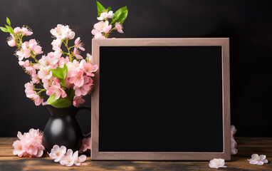 Empty chalkboard mockup with place for a text. Blossom cherry flowers in a rustic black vase. Black picture frame, menu sign on a wooden table.