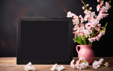 Empty chalkboard mockup with place for a text. Blossom cherry flowers in a rustic pink vase. Black picture frame, menu sign on a wooden table.