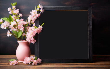 Empty chalkboard mockup with place for a text. Blossom cherry flowers in a rustic pink vase. Black picture frame, menu sign on a wooden table.