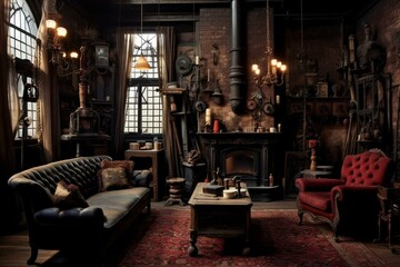 A gothic victorian living room with wooden and brick walls, rustic carpet. Generative AI
