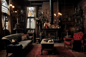 Fotobehang A gothic victorian living room with wooden and brick walls, rustic carpet. Generative AI © Jora