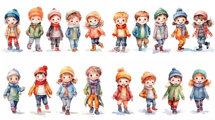  watercolor style cartoon illustration of  a group of kids boys and girls happily walking together, collection set, Generative Ai