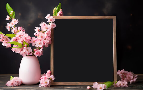 Empty chalkboard mockup with place for a text. Blossom cherry flowers in a rustic pink vase. Black picture frame, menu sign on a wooden table.