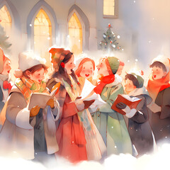  Christmas postcard Carolers singing Christmas songs watercolor painting  generated AI - obrazy, fototapety, plakaty