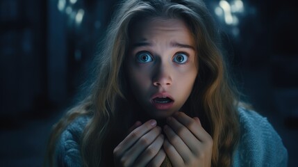 Portrait of an attractive girl with a frightened face. Blurred blue background with haze.