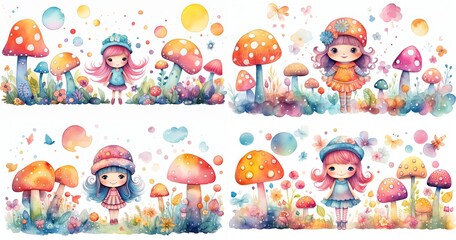 Obraz premium watercolor style cartoon illustration, cute girl walking in autumn mushroom garden, collection set, Generative Ai
