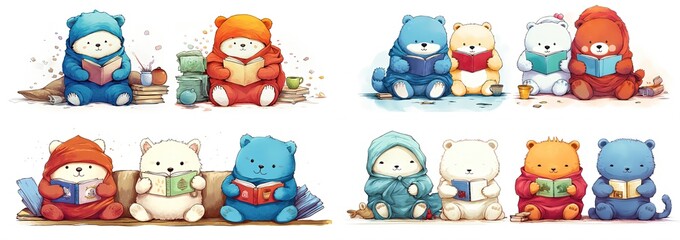 cartoon illustration, teddy bears reading book together, happy friendship childhood friend, Generative Ai