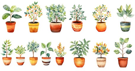 Fototapeta premium watercolor painting style illustration of foliage pot plants collection set, isolated on white background, Generative Ai