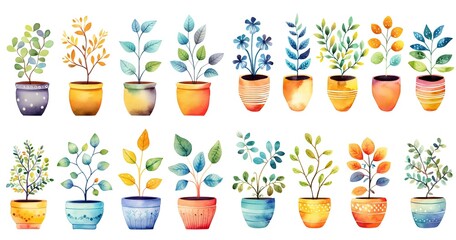 watercolor painting style illustration of foliage pot plants collection set, isolated on white background, Generative Ai - obrazy, fototapety, plakaty