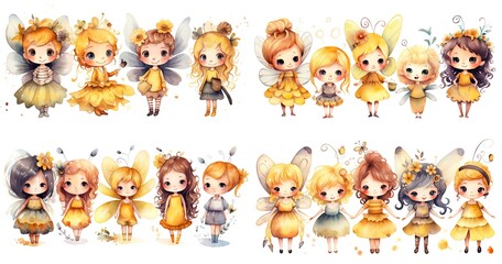 watercolor cartoon style illustration of cute happy fairy angel, queen bee play together, isolated on white background collection set, generative Ai	 - obrazy, fototapety, plakaty