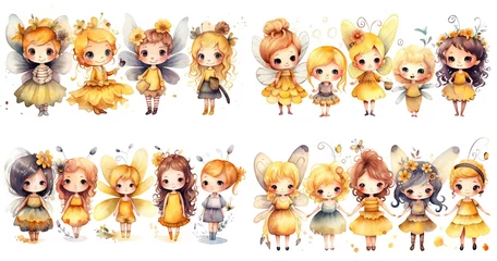 Tuinposter watercolor cartoon style illustration of cute happy fairy angel, queen bee play together, isolated on white background collection set, generative Ai  © QuietWord