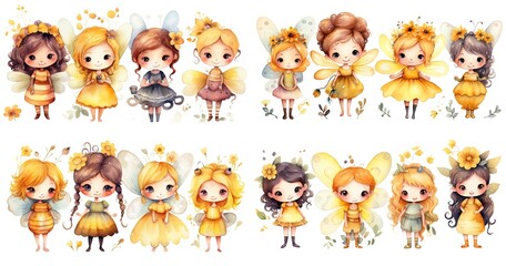 watercolor cartoon style illustration of cute happy fairy angel, queen bee play together, isolated on white background collection set, generative Ai	
