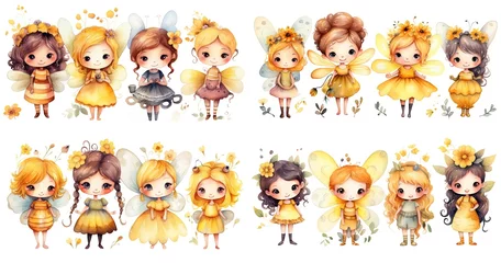 Fotobehang Schattige dieren set watercolor cartoon style illustration of cute happy fairy angel, queen bee play together, isolated on white background collection set, generative Ai  
