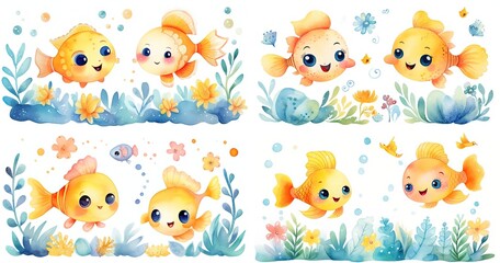 watercolor cartoon illustration of golden fish in underwater world, collection set,  Generative Ai