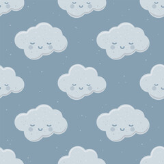 Cute seamless pattern with blue sleeping clouds for baby clothes