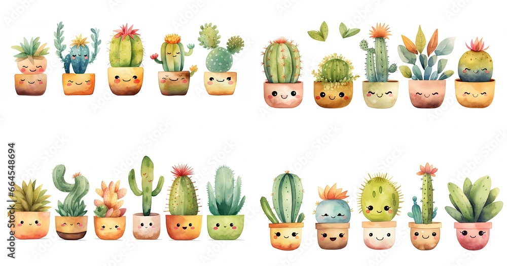 Wall mural watercolor painting style illustration of  cactus and succulent flower pot plant with kawaii face, isolated on white background, collection set, Generative Ai