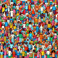 Colorful illustration where diverse characters of different shades and appearances fill the entire canvas, representing unity in diversity. Their interactions and connections are vibrant.