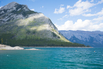 Beautiful view of Minnewanka Lake in Banff National Park in Canada