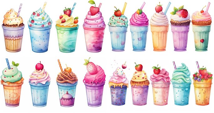 watercolor style cartoon illustration of strawberry ice-cream and cupcake collection set, Generative Ai
