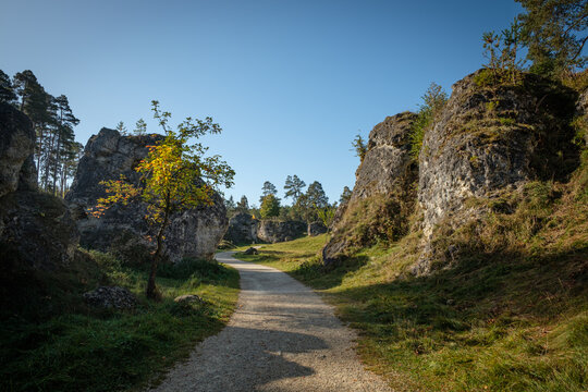 Path between dolomite rocks on the german swabian jura scenery