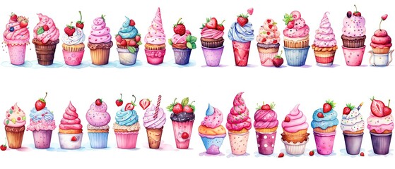  watercolor cartoon style illustration of cute cupcake, collection set, isolate on white background, Generative Ai