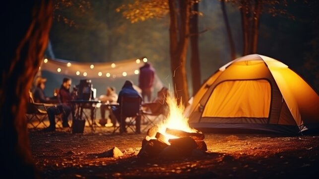 Picnic fire in focus. Blurred background with people and the yellow tent