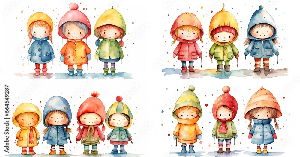 Wall mural watercolor style illustration, group of kids girls and boy walking together wearing winter coat hat 