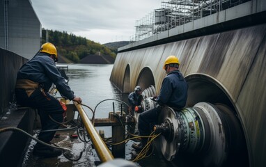 Team of hydroelectric dam workers diligently working on the turbine. - obrazy, fototapety, plakaty