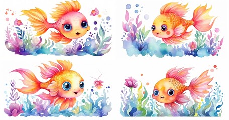 watercolor cartoon illustration of golden fish in underwater world, collection set, Generative Ai