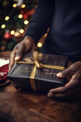 Close-up of adult person hands wrapping a Christmas gift